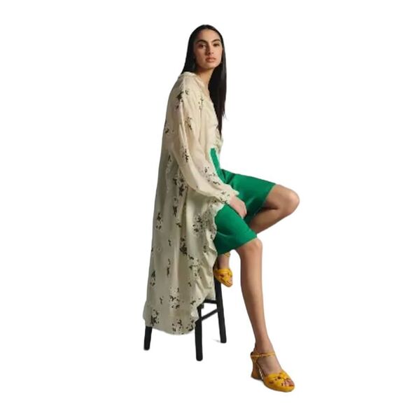 Anthropologie Embroidered Floral Ruffle-Hem Duster Womens Neutral One Size - Picture 3 of 11